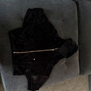 Fabletics Black Hooded Velour Jacket with Gold Zipper